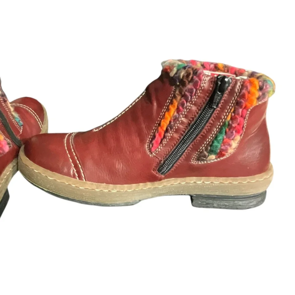 Rieker Ankle Boots Womens 39 burgundyKnit Collar Leather wool Zip Up Z6784-35